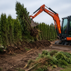 Kubota-Minibagger entfernt eine dichte Thuja-Hecke inklusive Wurzelballen. Die Heckenpflanzen werden entlang einer Grundstücksgrenze aus dem Boden gezogen. Keine Menschen oder Gebäude sichtbar.